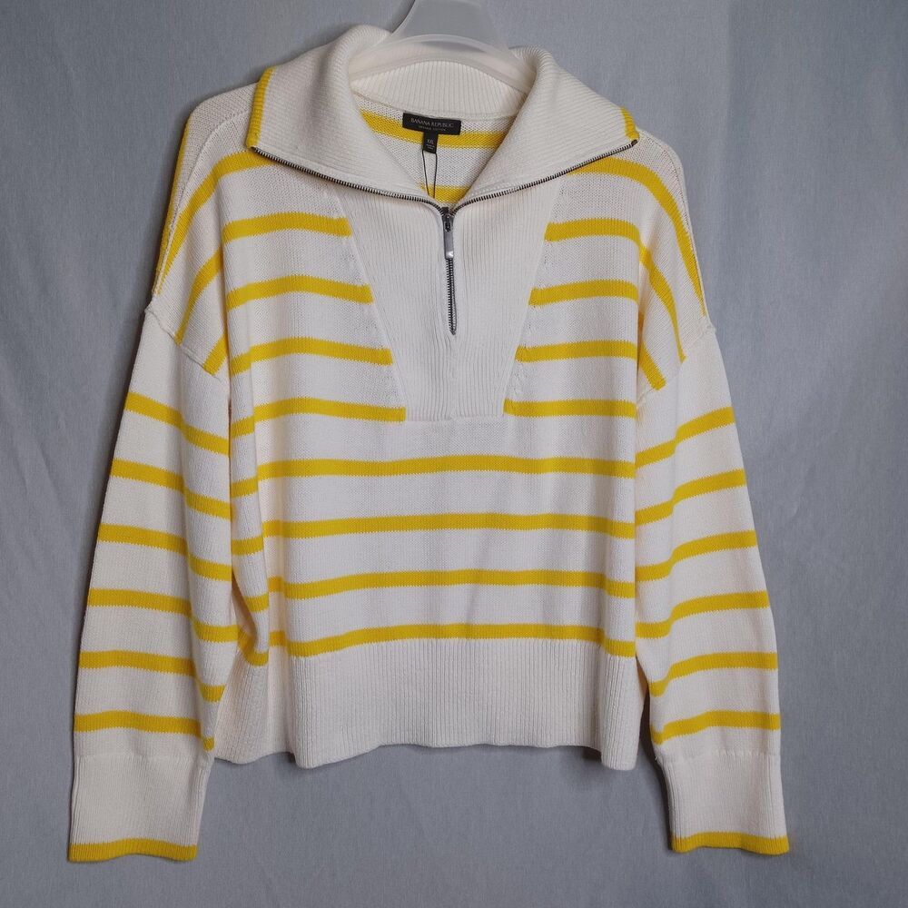 Banana Republic Sweater Womens 2XL White Yellow Stripe 1/4 Zip Organic Cotton